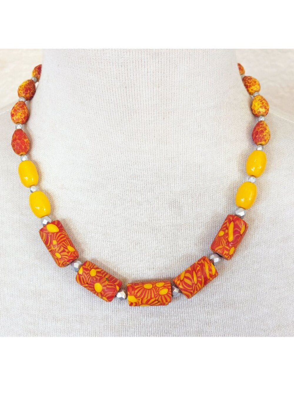 Red & Yellow Floral African Recycled Glass Strand Statement Necklace